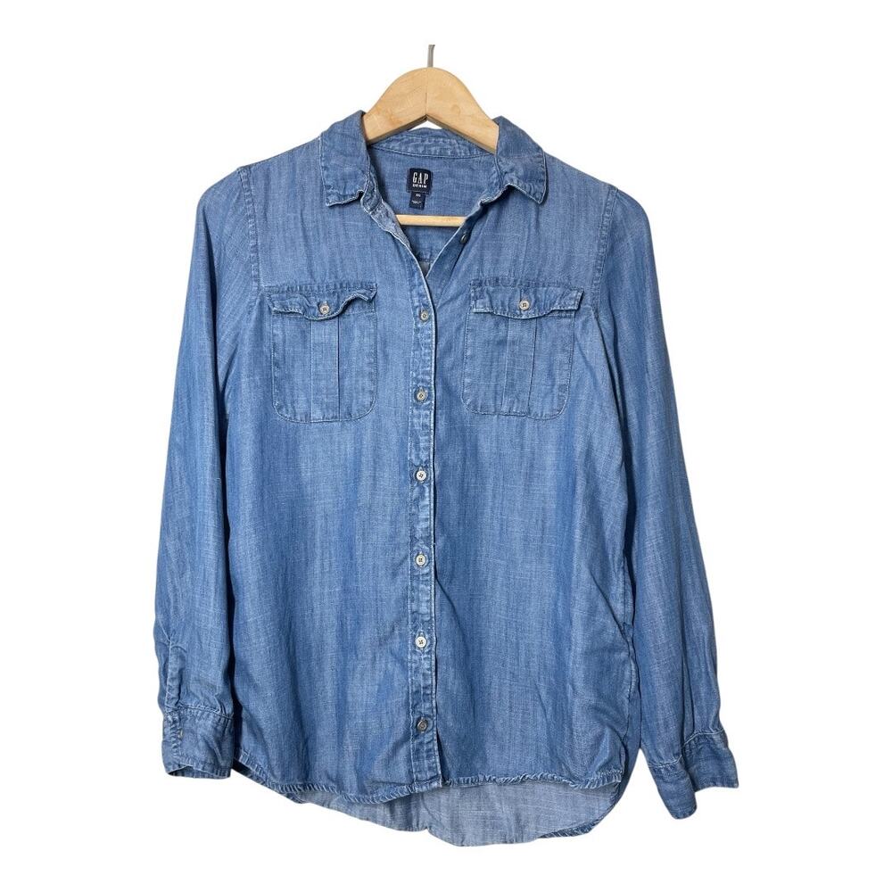 GAP Youth XXL Lyocell Chambray Shirt Long Sleeve Button Front Blue Girls